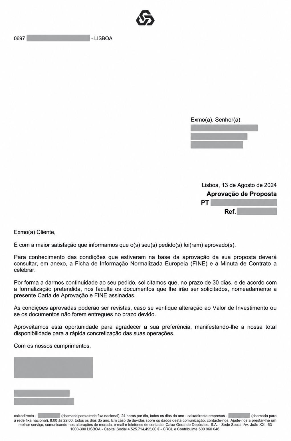 Anonymised example of a CGD mortgage approval letter for a non-resident buyer