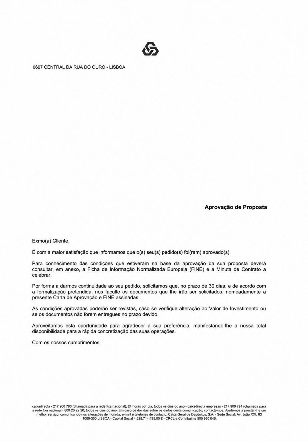 Anonymized visual reconstruction of a Portuguese bank mortgage proposal approval notice