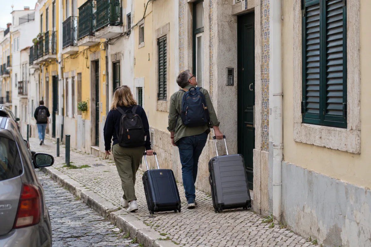 Couple arriving with suitcases on a residential street in Lisbon
